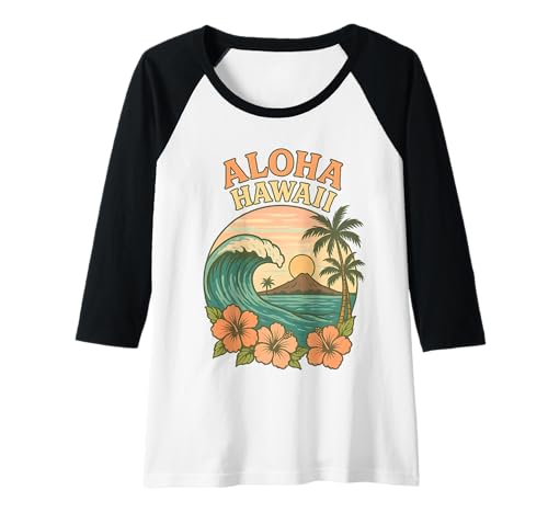 Damen Retro Aloha Hawaii Wave Palme Hibiskus Blume Urlaub Raglan von Aloha Hawaii Hawaiian Island Shirt Palm Beach Surf