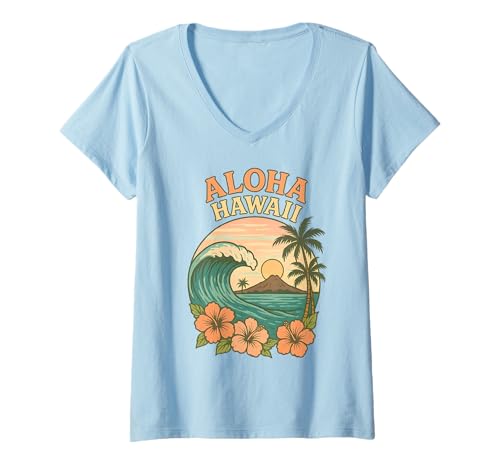Damen Retro Aloha Hawaii Wave Palme Hibiskus Blume Urlaub T-Shirt mit V-Ausschnitt von Aloha Hawaii Hawaiian Island Shirt Palm Beach Surf