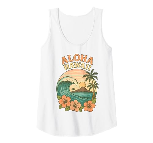 Damen Retro Aloha Hawaii Wave Palme Hibiskus Blume Urlaub Tank Top von Aloha Hawaii Hawaiian Island Shirt Palm Beach Surf