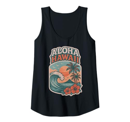 Damen Retro Aloha Hawaii Wave Sonnenuntergang Palme Hibiskus Blume Tank Top von Aloha Hawaii Hawaiian Island Shirt Palm Beach Surf