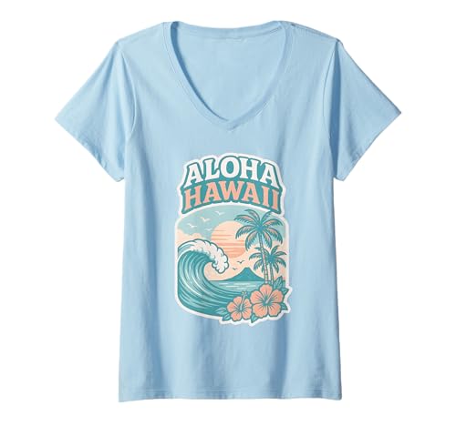 Damen Retro Aloha Hawaii Wave Sonnenuntergang Palmen Tropischer Hibiskus T-Shirt mit V-Ausschnitt von Aloha Hawaii Hawaiian Island Shirt Palm Beach Surf
