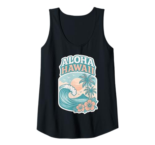 Damen Retro Aloha Hawaii Wave Sonnenuntergang Palmen Tropischer Hibiskus Tank Top von Aloha Hawaii Hawaiian Island Shirt Palm Beach Surf