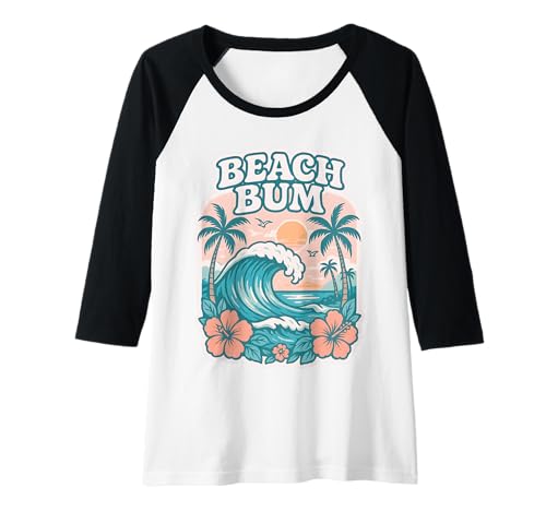 Damen Retro Beach Bum Ocean Wave Palme, Sonnenuntergang, Hibiskusblüte Raglan von Aloha Hawaii Hawaiian Island Shirt Palm Beach Surf