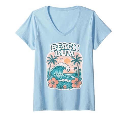 Damen Retro Beach Bum Ocean Wave Palme, Sonnenuntergang, Hibiskusblüte T-Shirt mit V-Ausschnitt von Aloha Hawaii Hawaiian Island Shirt Palm Beach Surf