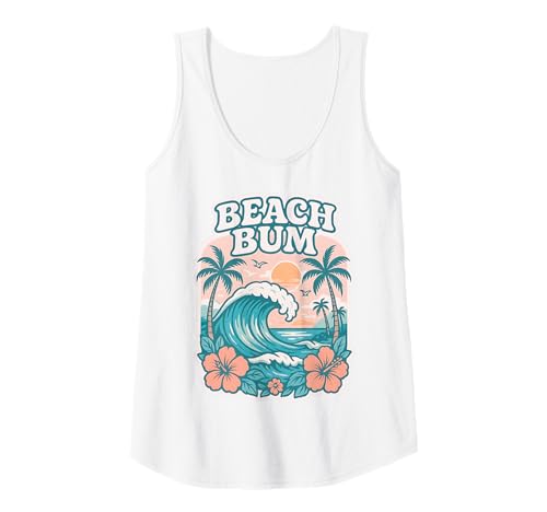 Damen Retro Beach Bum Ocean Wave Palme, Sonnenuntergang, Hibiskusblüte Tank Top von Aloha Hawaii Hawaiian Island Shirt Palm Beach Surf