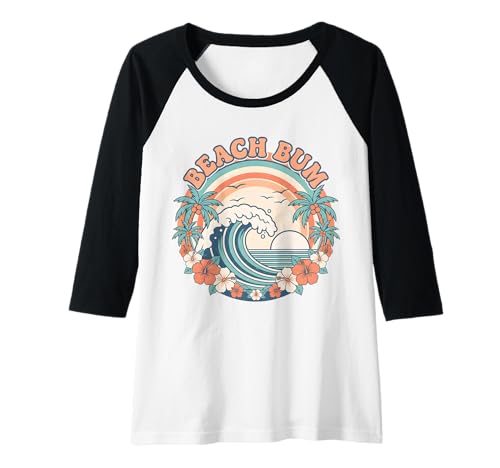 Damen Retro Beach Bum Surf Wave Palmen Sonnenuntergang Blumen Urlaub Raglan von Aloha Hawaii Hawaiian Island Shirt Palm Beach Surf