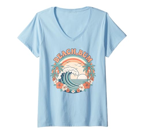 Damen Retro Beach Bum Surf Wave Palmen Sonnenuntergang Blumen Urlaub T-Shirt mit V-Ausschnitt von Aloha Hawaii Hawaiian Island Shirt Palm Beach Surf