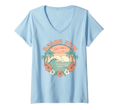 Damen Retro Beach Bum Surf Wave Palmen Sonnenuntergang Blumen Urlaub T-Shirt mit V-Ausschnitt von Aloha Hawaii Hawaiian Island Shirt Palm Beach Surf