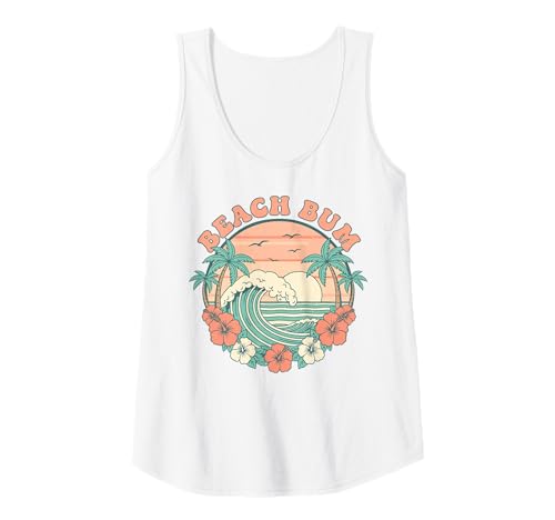 Damen Retro Beach Bum Surf Wave Palmen Sonnenuntergang Blumen Urlaub Tank Top von Aloha Hawaii Hawaiian Island Shirt Palm Beach Surf