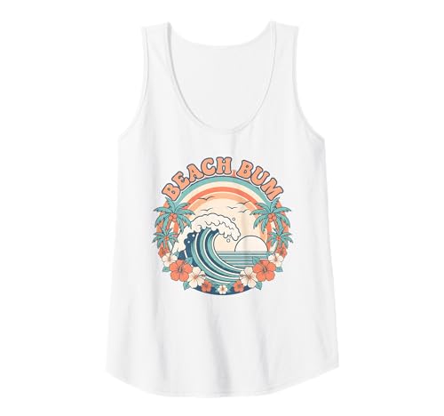 Damen Retro Beach Bum Surf Wave Palmen Sonnenuntergang Blumen Urlaub Tank Top von Aloha Hawaii Hawaiian Island Shirt Palm Beach Surf