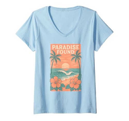 Damen Retro Sonnenuntergang Palmen Hibiskus Blumen Welle Tropischer Ozean T-Shirt mit V-Ausschnitt von Aloha Hawaii Hawaiian Island Shirt Palm Beach Surf