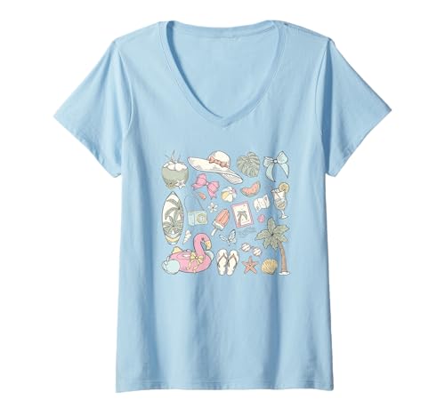 Damen Retro Strand Flamingo Surfbrett Kokospalme Urlaub T-Shirt mit V-Ausschnitt Damen Retro Strand Flamingo Surfbrett Kokospalme Urlaub T-Shirt mit V-Ausschnitt von Aloha Hawaii Hawaiian Island Shirt Palm Beach Surf