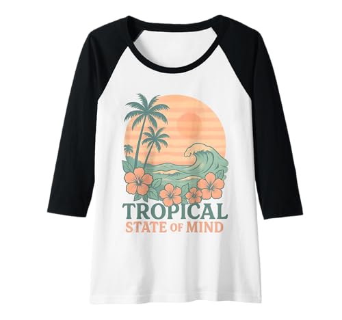 Damen Tropischer Geisteszustand Hibiskusblüte Palme Ocean Wave Raglan von Aloha Hawaii Hawaiian Island Shirt Palm Beach Surf