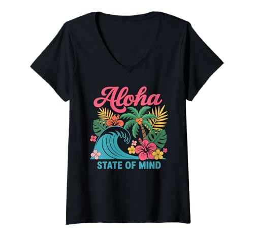 Damen Aloha State of Mind Hawaii-Strand-Palme, Retro-Design, für Damen T-Shirt mit V-Ausschnitt von Aloha Hawaii Hawaiian Island Vacation Beach Lover