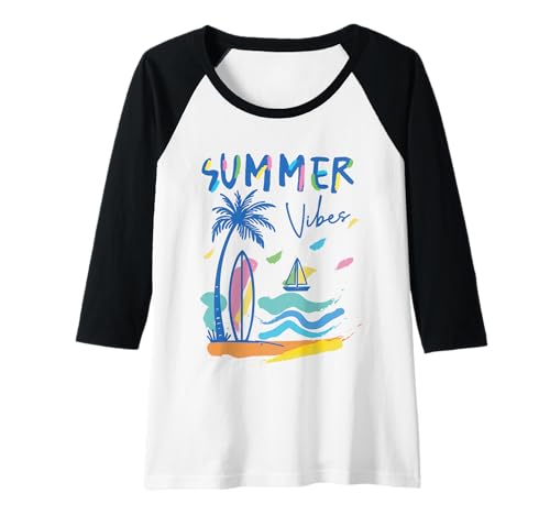 Damen Bunte Summer Vibes Surfbrett Palme und Segelboot Kunst Raglan von Aloha Hawaii Hawaiian Island Vacation Beach Lover