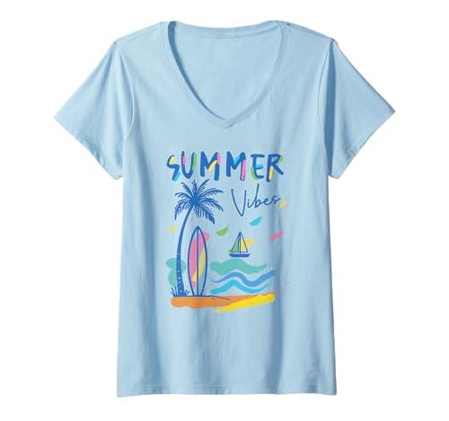 Damen Bunte Summer Vibes Surfbrett Palme und Segelboot Kunst T-Shirt mit V-Ausschnitt von Aloha Hawaii Hawaiian Island Vacation Beach Lover