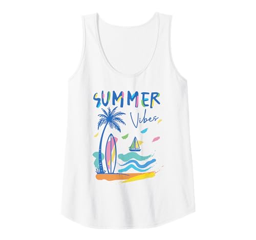 Damen Bunte Summer Vibes Surfbrett Palme und Segelboot Kunst Tank Top von Aloha Hawaii Hawaiian Island Vacation Beach Lover