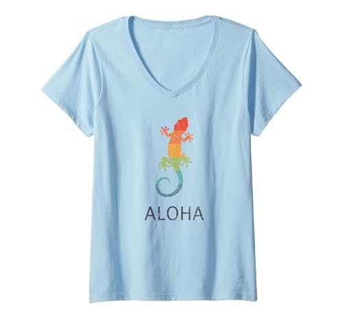 Damen Retro-Gecko-Shirt Aloha Hawaii Island Cute Vintage Hawaii T-Shirt mit V-Ausschnitt von Aloha Hawaii Hawaiian Island Vacation Beach Lover