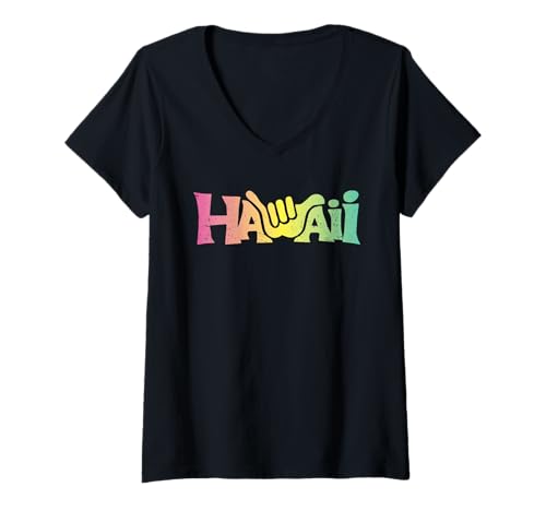 Damen Retro Rainbow Shaka Hawaii Shirt Island Vibes Ästhetische Surf T-Shirt mit V-Ausschnitt von Aloha Hawaii Hawaiian Island Vacation Beach Lover