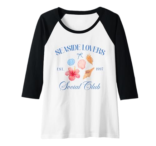 Damen Retro Seaside Lovers Social Club Muscheln Hibiskus Blume Raglan von Aloha Hawaii Hawaiian Island Vacation Beach Lover