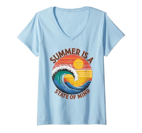 Damen Retro Sunset Wave Summer is A State of Mind Surfstrand T-Shirt mit V-Ausschnitt von Aloha Hawaii Hawaiian Island Vacation Beach Lover