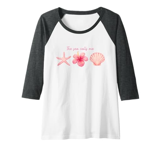 Damen The Sea Calls Me Shirt Pink Hibiscus Seestern Seashell Art Raglan von Aloha Hawaii Hawaiian Island Vacation Beach Lover