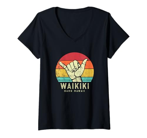 Damen Waikiki Oahu. Shaka Surf hand retro hawaiian T-Shirt mit V-Ausschnitt von Aloha Hawaii Islands Vintage apparel