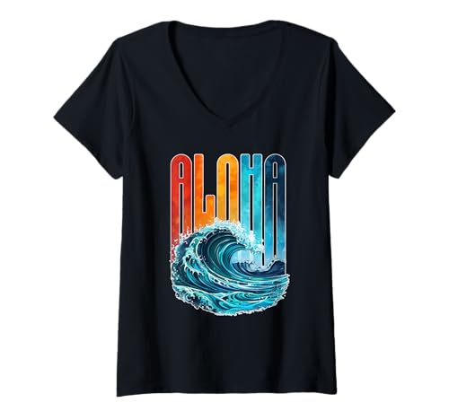 Damen ALOHA Wave Design Surf Ocean Waves Hawaii Hawaiian Vibes T-Shirt mit V-Ausschnitt von Aloha Local Hawaiian Hawaii Island Beach Tees