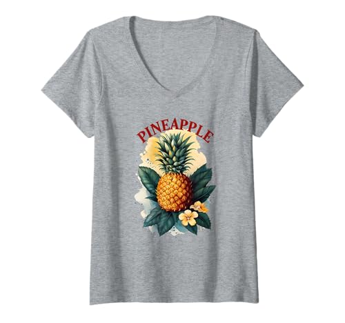 Damen Ananas Vintage Fruit Art Retro Tropical Botanical Hawaii T-Shirt mit V-Ausschnitt Damen Ananas Vintage Fruit Art Retro Tropical Botanical Hawaii T-Shirt mit V-Ausschnitt von Aloha Local Hawaiian Hawaii Island Beach Tees