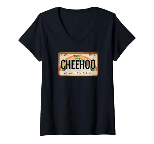 Damen Cheehoo Hawaiian Pidgin Retro Hawaii Nummernschild Regenbogen T-Shirt mit V-Ausschnitt von Aloha Local Hawaiian Hawaii Island Beach Tees