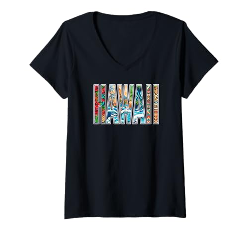 Damen Hawaii Island Surf Wave Ocean Tribal Retro Tiki Bar, hawaiianisch T-Shirt mit V-Ausschnitt von Aloha Local Hawaiian Hawaii Island Beach Tees