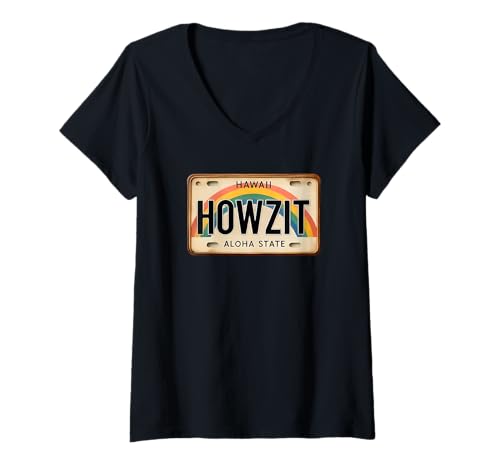 Damen Howzit Hawaiian Pidgin Retro Hawaii Nummernschild Regenbogen T-Shirt mit V-Ausschnitt von Aloha Local Hawaiian Hawaii Island Beach Tees