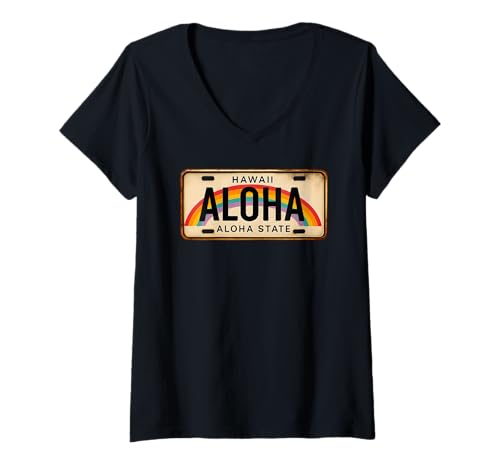 Damen Retro Aloha Hawaii Nummernschild Souvenir Regenbogen Hawaii T-Shirt mit V-Ausschnitt von Aloha Local Hawaiian Hawaii Island Beach Tees