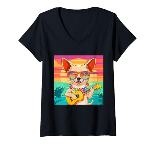 Damen Chihuahua -Hund Ukulele Beach Sommerferien T-Shirt mit V-Ausschnitt von Aloha Paws Pet and Beach Designs