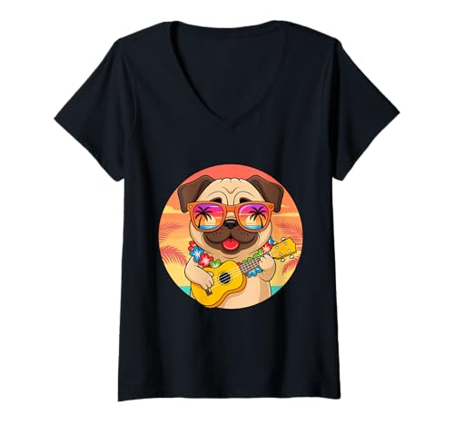 Damen Lustiger Mops Hawaiian Ukulele Sommer Urlaubshund T-Shirt mit V-Ausschnitt von Aloha Paws Pet and Beach Designs