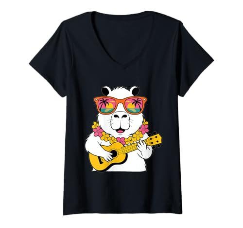 Damen Capybara Ukulele Hawaiian Summer Vibes T-Shirt mit V-Ausschnitt von Aloha Summer Vibes Animals