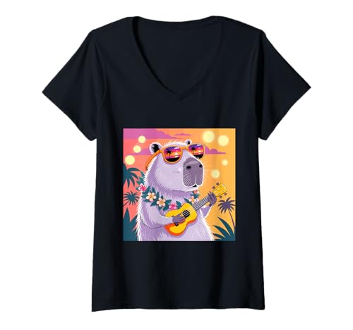 Damen Capybara spielt ukulele hawaiianische Sommerferienstimmung T-Shirt mit V-Ausschnitt von Aloha Summer Vibes Animals