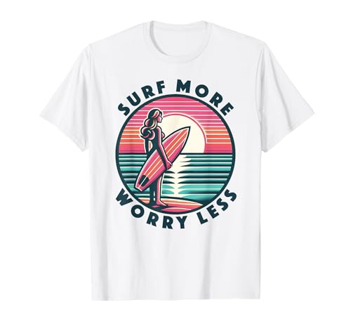 Surf More Worry Less Surfer Girl Tropical Beach Cute Surfen T-Shirt Surf More Worry Less Surfer Girl Tropical Beach Cute Surfen T-Shirt von Aloha Surfer Girl Hawaii Vintage Hawaiian Surf Tee