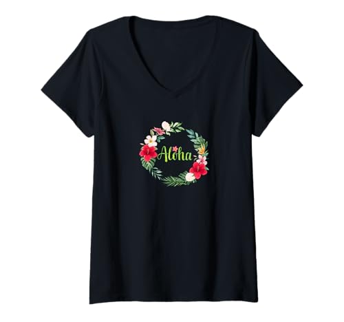 Damen Hula Hula for Lesson Aloha Tropical Hawaii Hibiscus Cute Popular Plumeria Hawaiian Black Summer T-Shirt mit V-Ausschnitt von Aloha