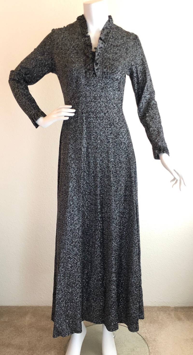 Vtg 1970Er Jahre Schwarz Silber Metallic Lurex Stricken Disco Kleid Lange Ärmel Größe S Sommer von AlohaGypsyVintage