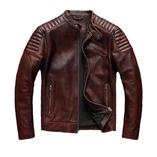 Alonepat Herren Lagen Rindsleder Motorrad Lederjacke Rotbrauner Leder Radanzug Schmaler Kurzmantel Brown XXL von Alonepat