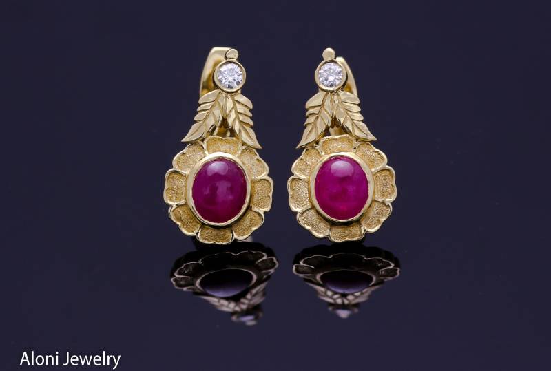 Gold Ohrringe, Diamant Rubin Tropfen 18K Baumeln, Ohrringe Hochzeit von AloniJewelry