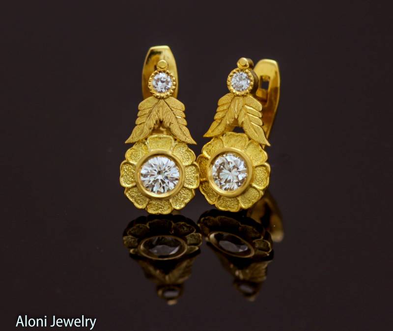 Jugendstil Goldohrhänger Diamantohrringe Blumenohrringe 18K Gold Ohrhänger Hängerchen von AloniJewelry