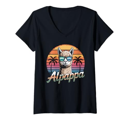 Damen Alpappa Cool Vatertag Alpaka Liebhaber Retro T-Shirt mit V-Ausschnitt Damen Alpappa Cool Vatertag Alpaka Liebhaber Retro T-Shirt mit V-Ausschnitt von Alpaca Dad By Alpappa Retro Apparel