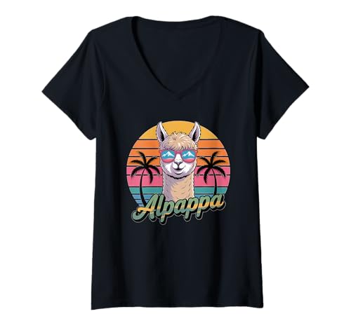 Damen Alpaca Lover Alpappa Cool Retro Vatertag T-Shirt mit V-Ausschnitt Damen Alpaca Lover Alpappa Cool Retro Vatertag T-Shirt mit V-Ausschnitt von Alpaca Dad Vibes By Alpappa Retro Apparel