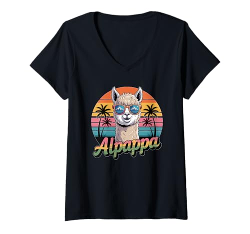 Damen Alpappa Cool Alpaka Lover Retro Vatertag T-Shirt mit V-Ausschnitt Damen Alpappa Cool Alpaka Lover Retro Vatertag T-Shirt mit V-Ausschnitt von Alpaca Dad Vibes By Alpappa Retro Apparel