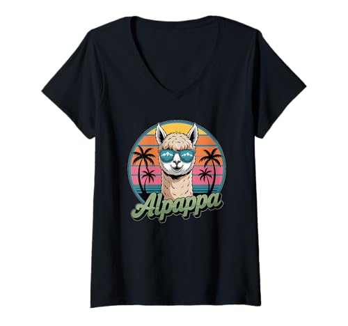 Damen Cool Alpaca Lover Retro Vatertag Alpappa T-Shirt mit V-Ausschnitt Damen Cool Alpaca Lover Retro Vatertag Alpappa T-Shirt mit V-Ausschnitt von Alpaca Dad Vibes By Alpappa Retro Apparel