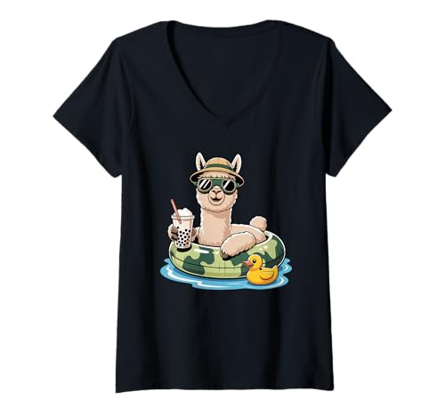 Damen Alpaka Boba Perle Milchtee Alpakas T-Shirt mit V-Ausschnitt von Alpaca Lover Gifts