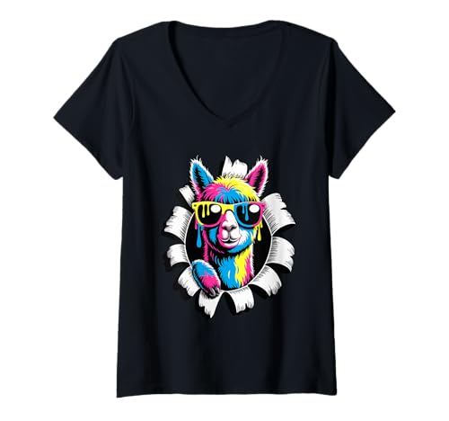 Damen Gerissener Papiereffekt Alpaka Sonnenbrille Alpakas T-Shirt mit V-Ausschnitt Damen Gerissener Papiereffekt Alpaka Sonnenbrille Alpakas T-Shirt mit V-Ausschnitt von Alpaca Lover Gifts