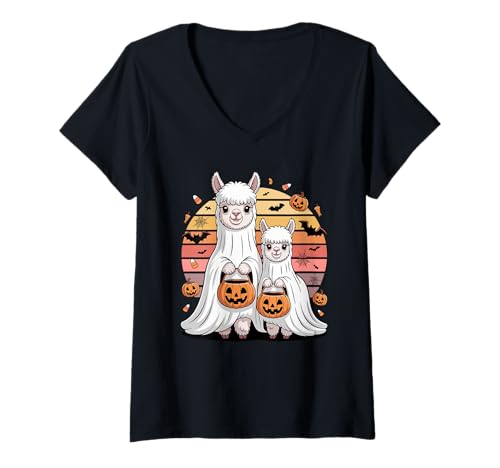 Damen Halloween Alpaka Geist Alpakas T-Shirt mit V-Ausschnitt von Alpaca Lover Gifts